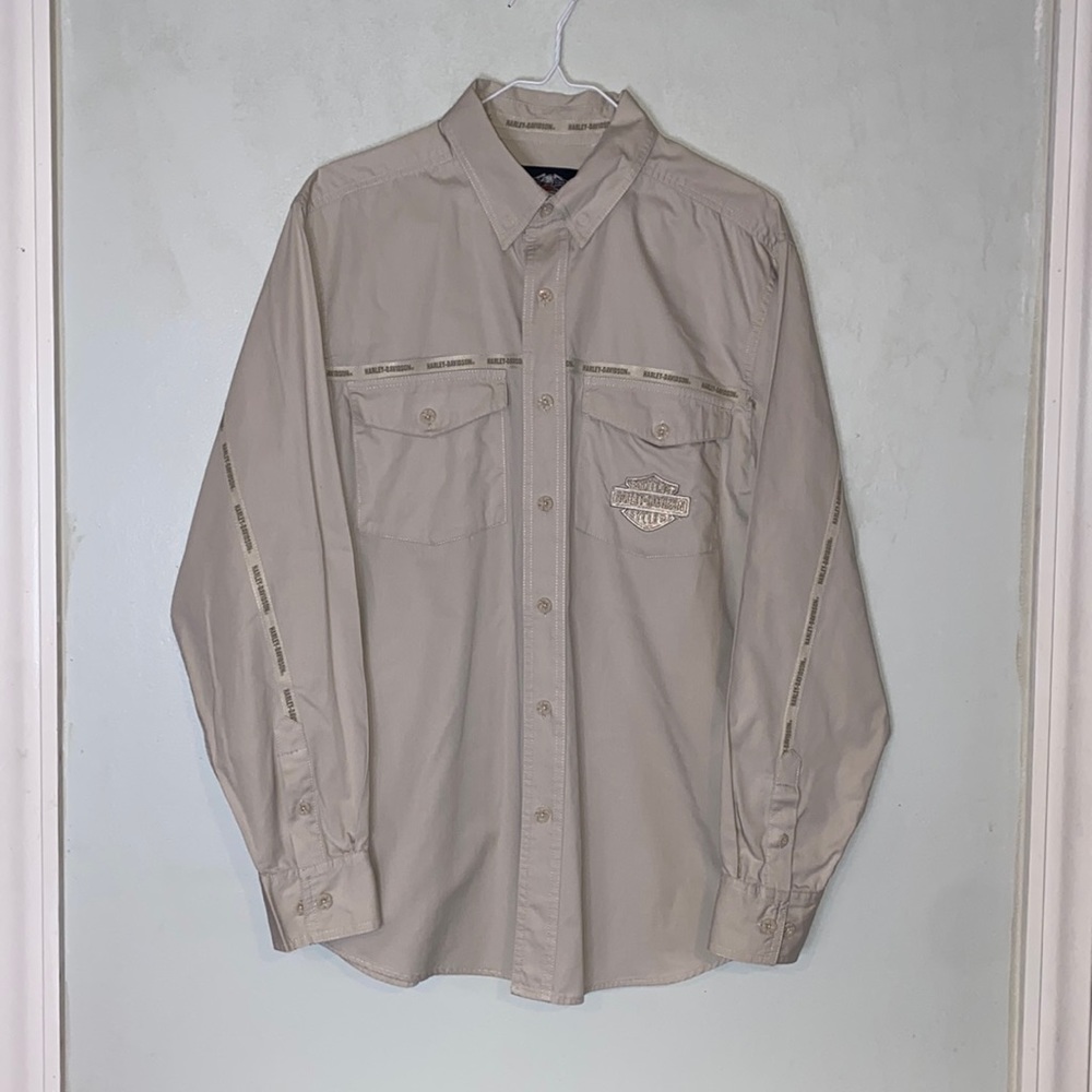 Harley Davidson Motorcycle Khaki Embroidered Long Sleeve Button Down Men Shirt M